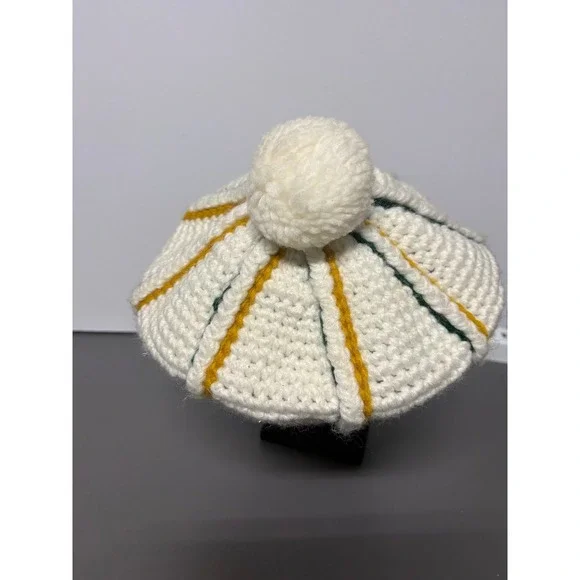 Hand Crocheted Cream Striped Pom Pom Hat‎ Cap Beanie - Picture 2 of 4